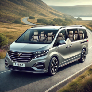 A silver 7 seater MPV with large windows and spacious seating.